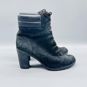 Timberland Boots Womens 9 Black Nubuck Lace Up Heel Ankle Booties Lug Sole